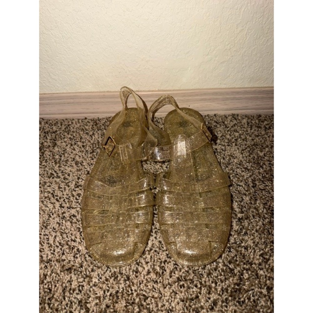 Gold Glitter Jelly Sandals Womens Size 8 Cage Fisherman Flat Ankle Strap Retro